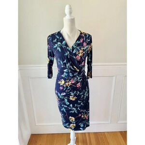 Melissa Masse Stretch Floral Wrap Dress Navy Blue M